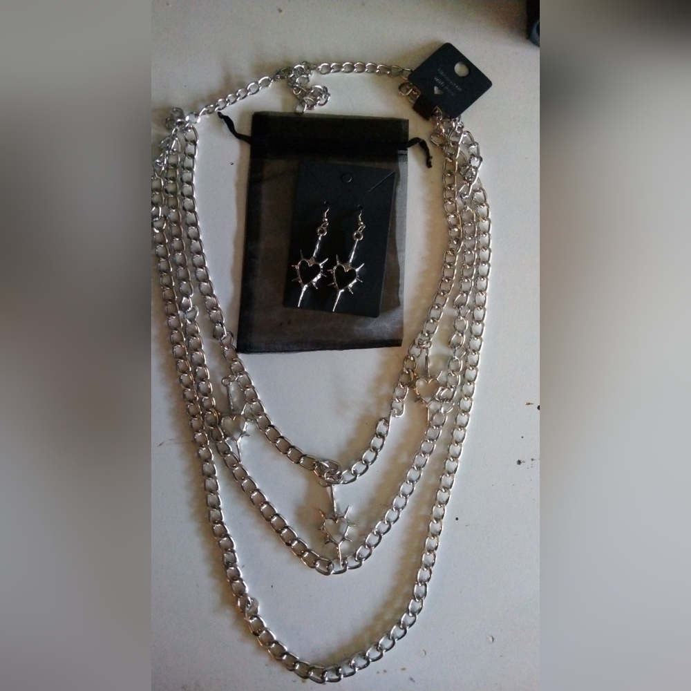 Silver Heart With Spikes Chain Necklace and Earring Set Hand Made By Me